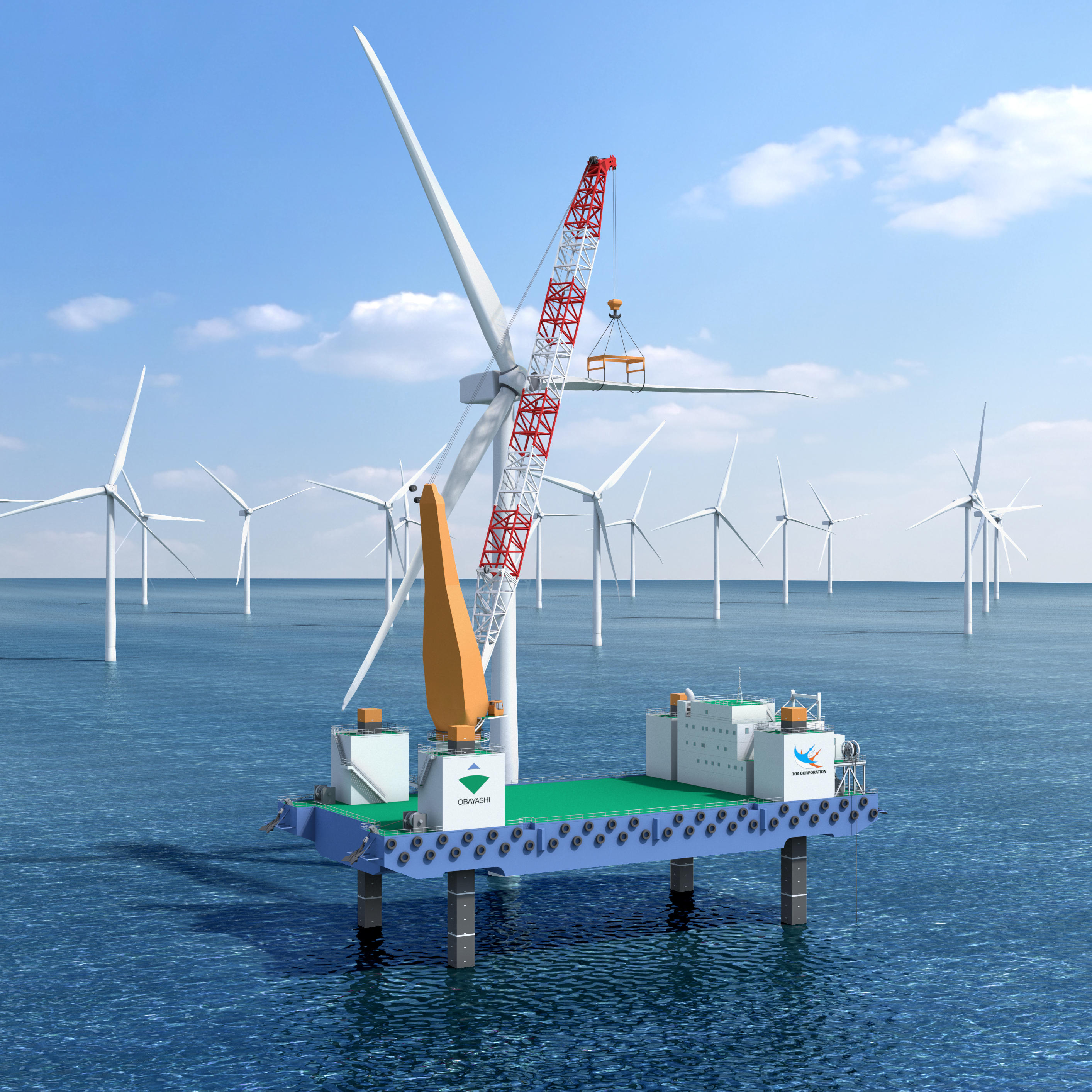 戦略】大林組と東亜建設工業、国内洋上風力向けの自己昇降式作業台船（SEP）を建造／発電容量9.5MW級の大型風車まで対応 - インフラト